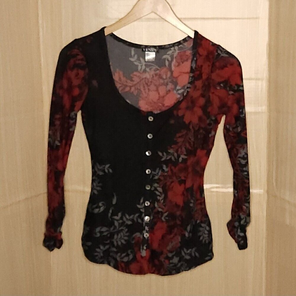 Venus Black Red Floral Cardigan Sweater XS